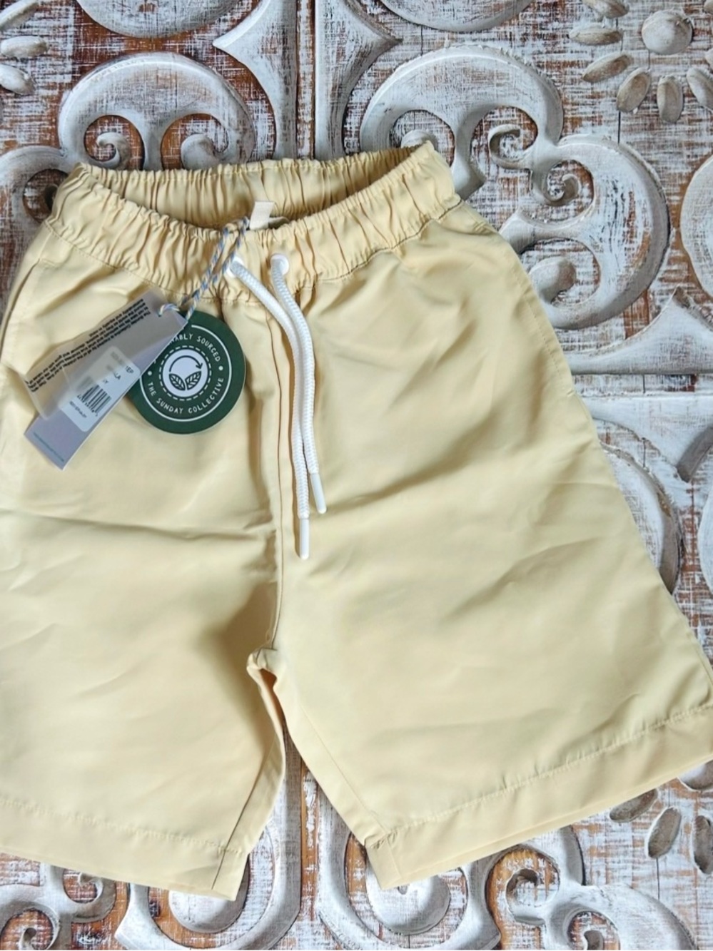 The Sunday Collective Boys Pale Yellow Swim Shorts with Elastic Waist